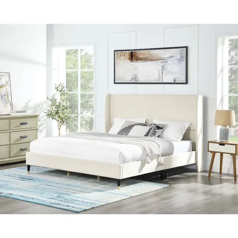 Roundhill Furniture Rozitta Upholstered Wingback Bed with Platform Design