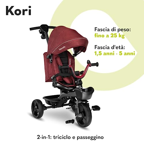 LIONELO Kori Triciclo Evolutivo per Bambini da 1.5 Anni fino a 25 kg Sedile Girevole 360° Telaio ultraleggero in lega di magnesio, Pneumatici resistenti, Maniglione per genitori e Accessori : Giochi e giocattoli