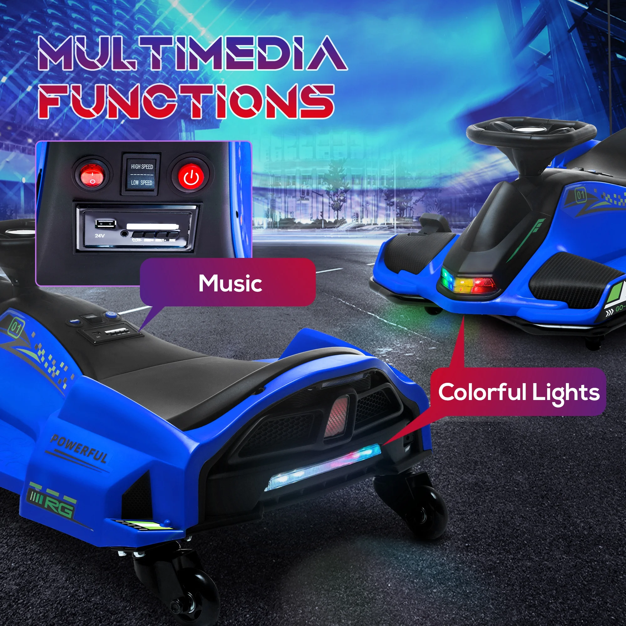 Aosom 12V Electric Drifting Go Kart w/ Slow Start, Music, Lights, Blue