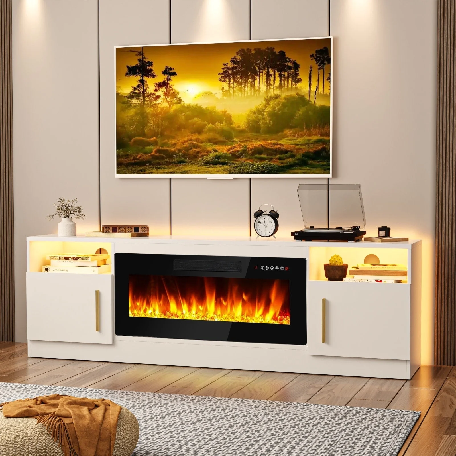 Bossin 70 Fireplace TV Stand with 36 Electric Fireplace, TV Stand for TVs Up to 80, 16 Colors LED Lights/Entertainment Center