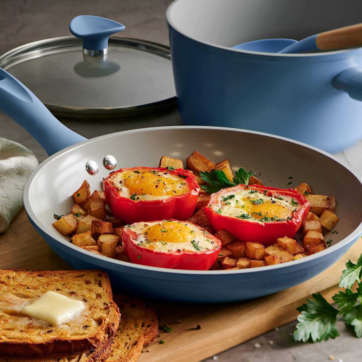 14-Piece Ceramic Cookware Set Blue Nonstick, Induction-Ready, Oven Safe, Dishwasher Safe, Includes Fry Pans, Sauté Pan, Sauce Pans, Dutch Oven, and Wooden Utensils, 80110/035DS