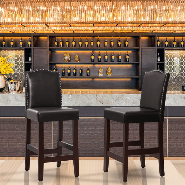 25.5 H Leather Counter Height Bar Stools Fullback, 2pcs, Brown