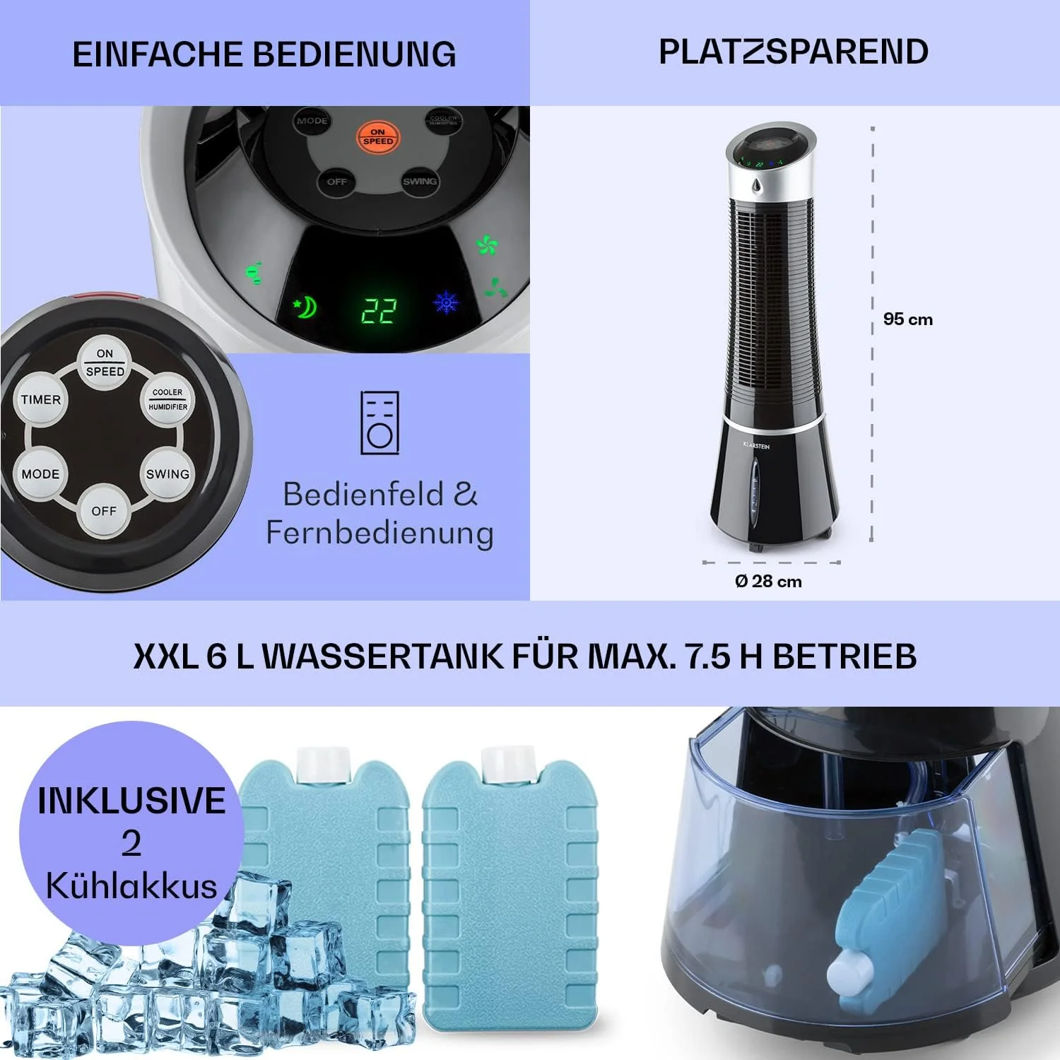 Klarstein 4-in-1: Slimme luchtkoeler, ventilator, luchtbevochtiger & ionisatie I 6 L watertank, oscillatie, 30 W, 210 m3/u, timer I Klimaatregelaar zonder afvoerslang, Mobiele airconditioner, Zwart-ros��goud
