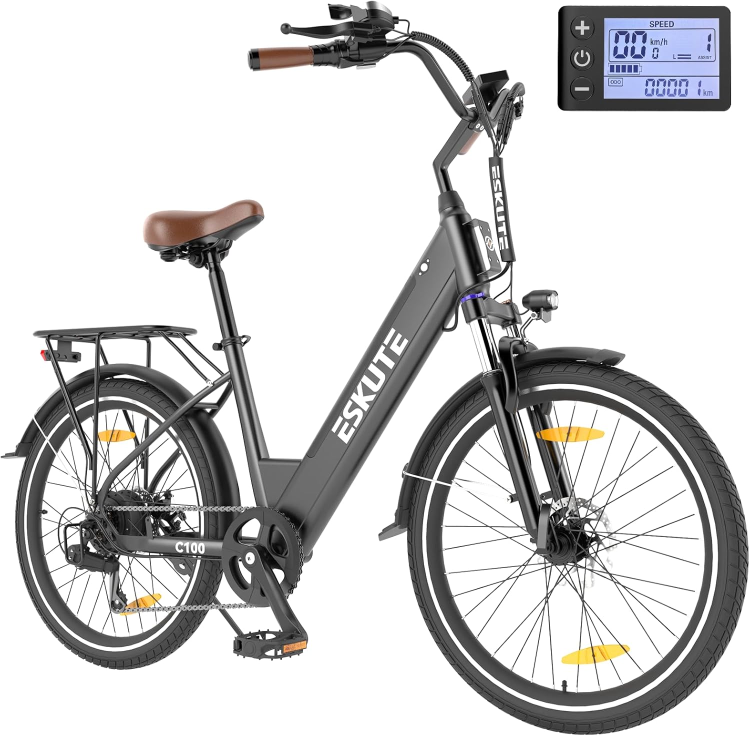 ESKUTE Electric Bike 500W Peak 375WH Removable Battery Commuter Ebike, 26 inch 20MPH 7 Speed Electric Ebikes for Adults