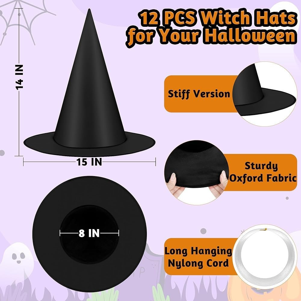 12 PACK Witch Hats, Halloween Wizard Hat, Halloween Party Decor for Front Porch
