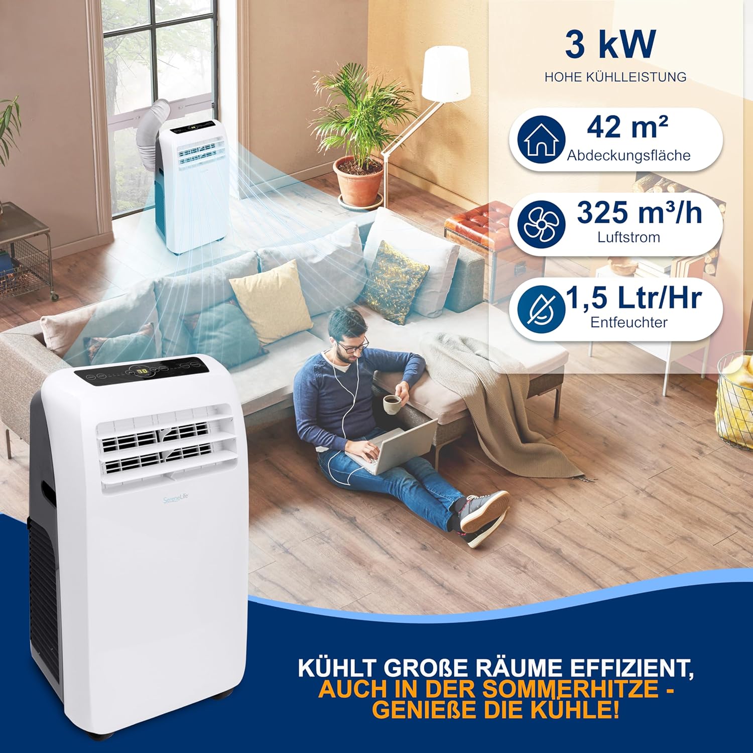 SereneLife Klimaanlage mobil, 3-in-1 mobiles Klimagert mit Abluftschlauch - Luftkühler, Luftentfeuchter & Ventilator, air conditioner 9.000 BTU, 1,5 L Feuchtigkeit/Stunde, kühlt Rume bis 42 m