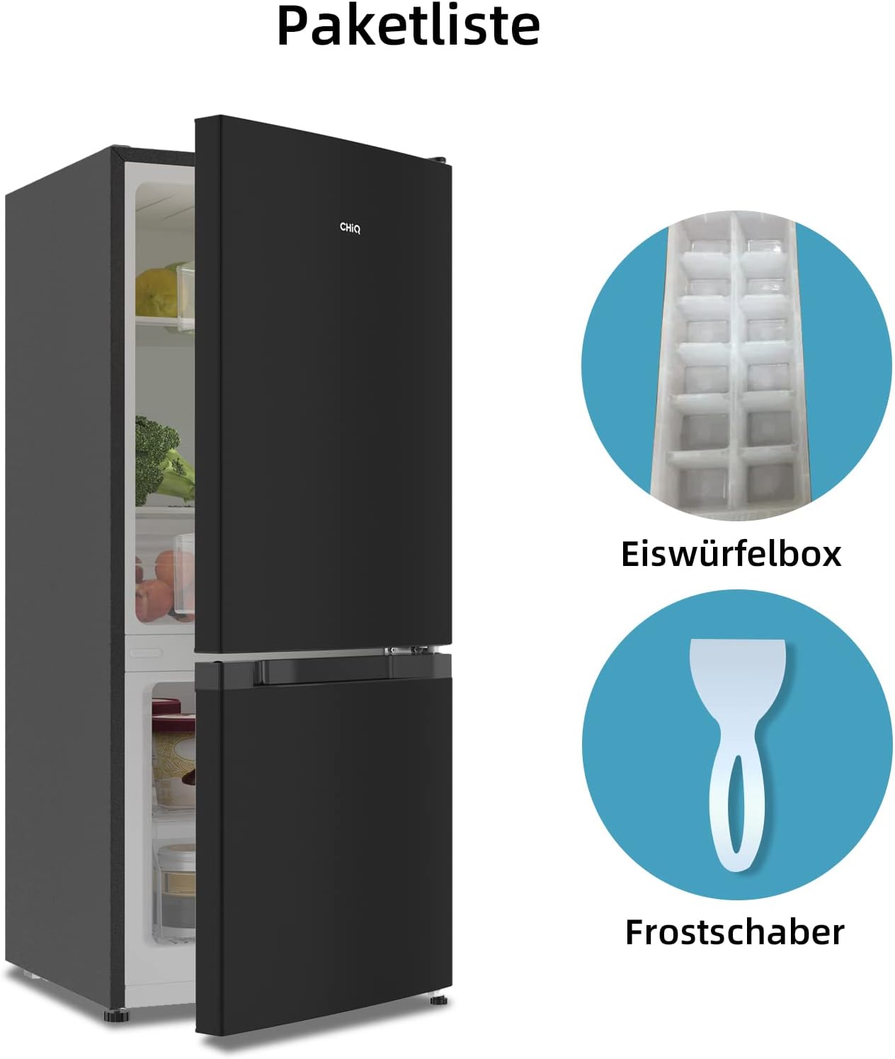 CHIQ Freistehender Kühlschrank mit Gefrierfach | Kühl-Gefrierkombination 114 cm Höhe, 47 cm Breit, 117L| 4 Sterne Gefrieren -24℃ | LED Litcht | Dunkler Edelstahl Look, for Eigentumswohnungen
