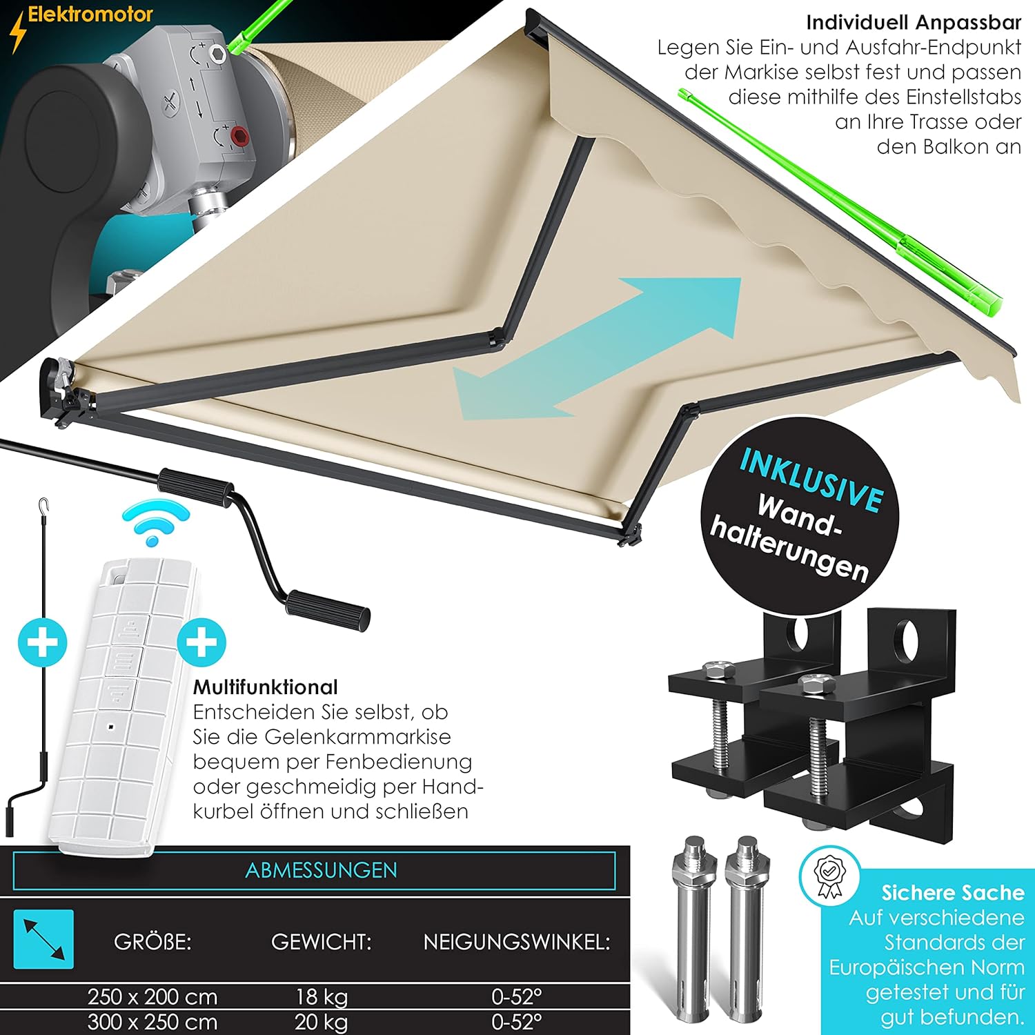 KESSER® Electric Awning with Remote Control – 250 x 200 cm, Foldable, for Patio, Clamp, Incl. Wall Bracket, Beige