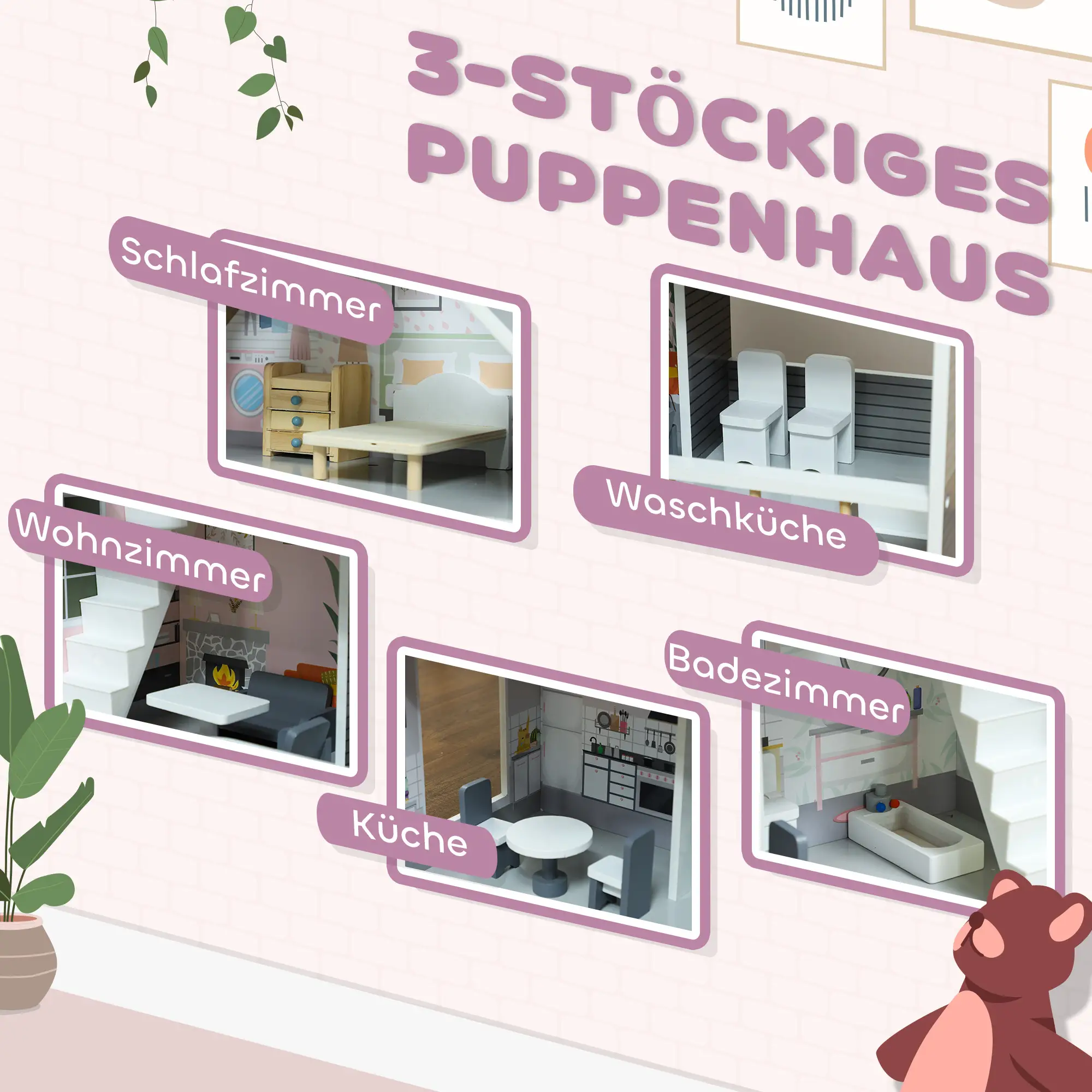 AIYAPLAY Puppenhaus Holz 3-stöckig mit 13 Möbeln offenes Spiel