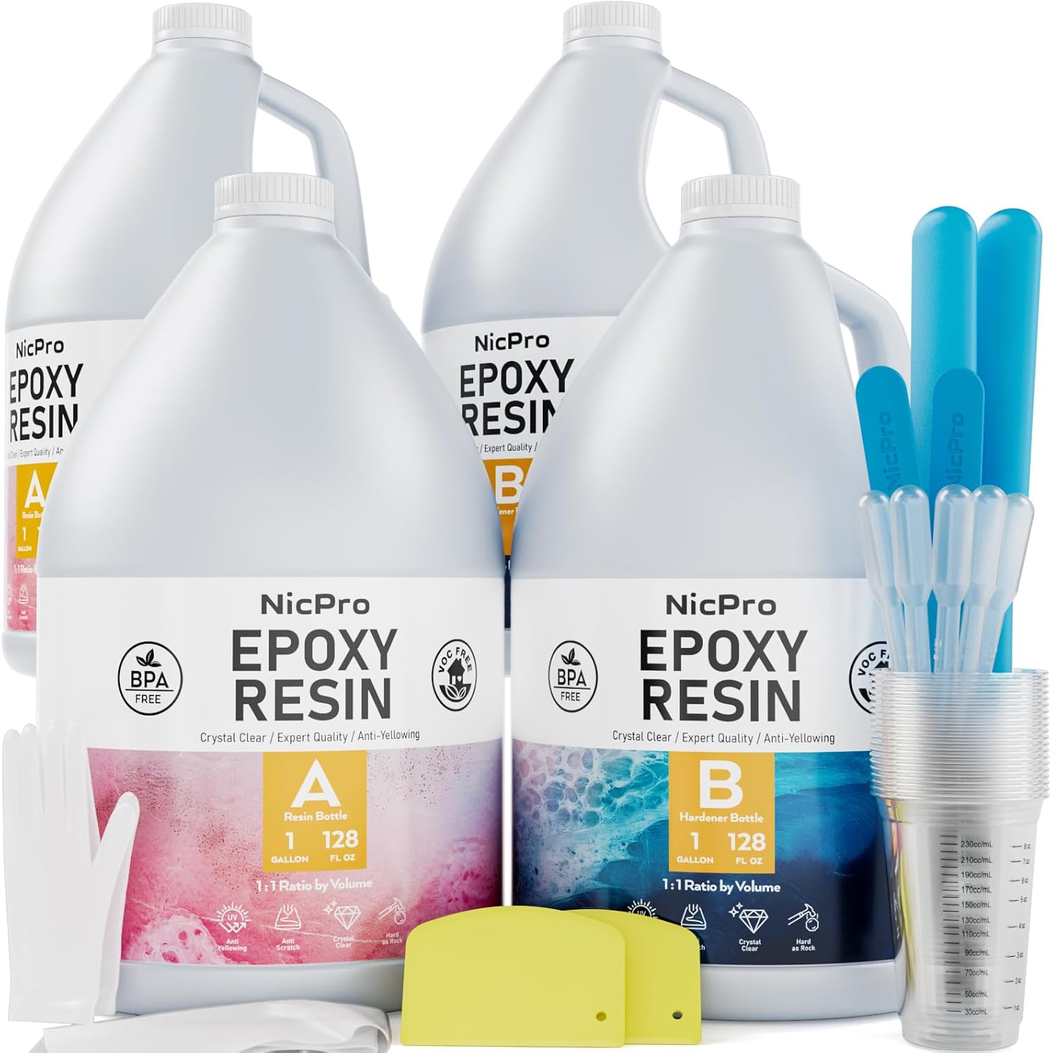4 Gallon Crystal Clear Epoxy Resin Kit, High Gloss & Bubbles Free Resin Supplies for Coating and Casting, Craft DIY, Wood, Table Top, Bar Top, Molds, River Tables with Cups, Sticks, Gloves