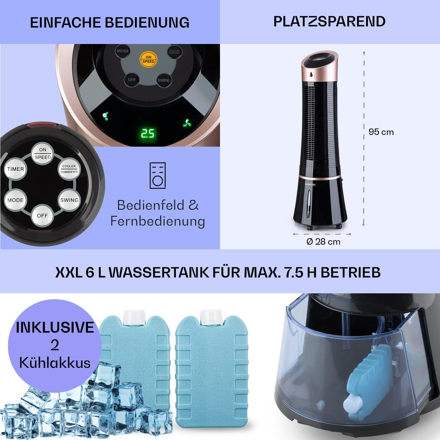 Klarstein 4-in-1: Smart Luftkühler, Ventilator, Luftbefeuchter & Ionisation I 6 L Wassertank, Oszillation, 30 W, 210 m³/h, Timer I Klimagerät ohne Abluftschlauch, Mobiles Klimagerät, Schwarz-Rosegold