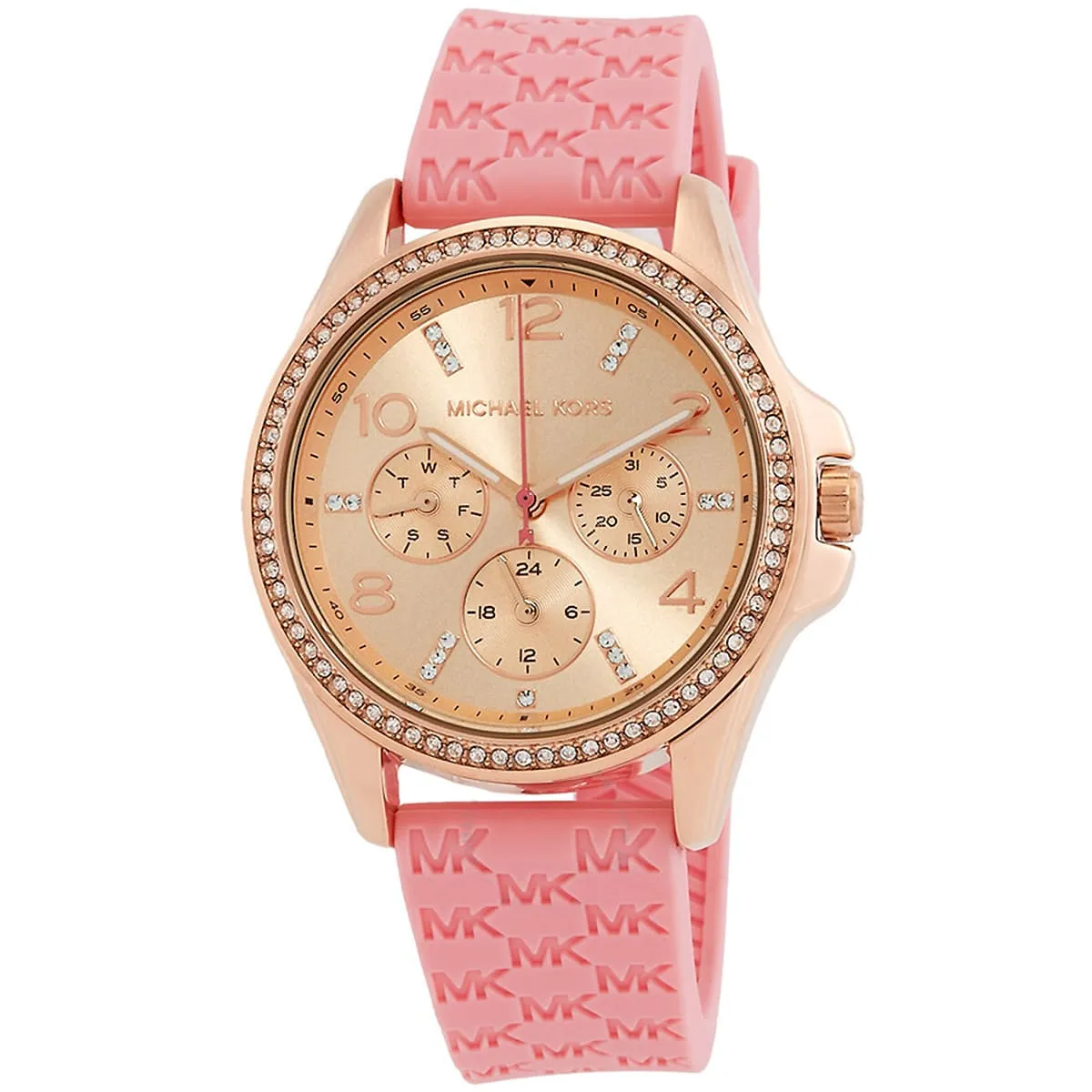 Michael Kors Mini Pilot Pavé Chronograph Rose Gold Dial Logo Silicone Women's Watch - MK7375