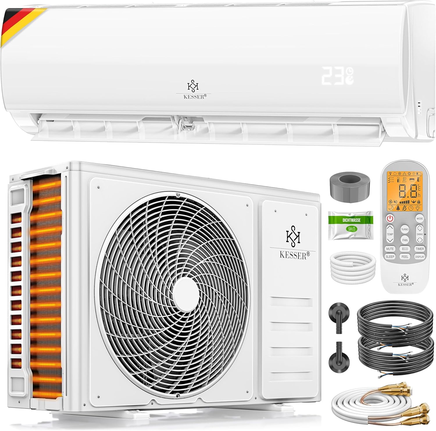 KESSER® Split Klimaanlage Set Quick Connect 9000 BTU 2,6 kW – WiFi & App Klimagerät mit Heizfunktion & Kühlmodus Wandklimaanlage, mit Kupferleitung Kältemittel R32 Inkl. Montagematerial