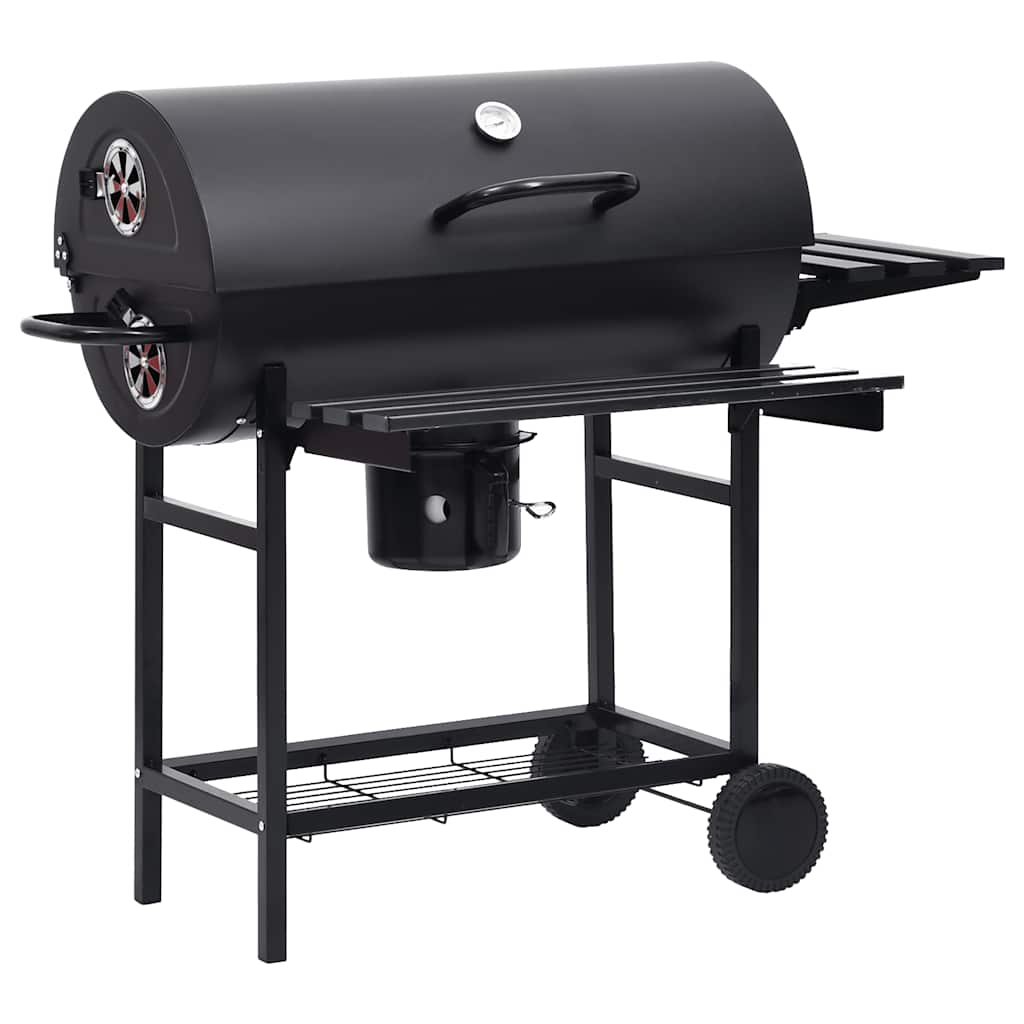 2026 Parrilla de barril ruedas y estantes acero negro 115x85x95 cm