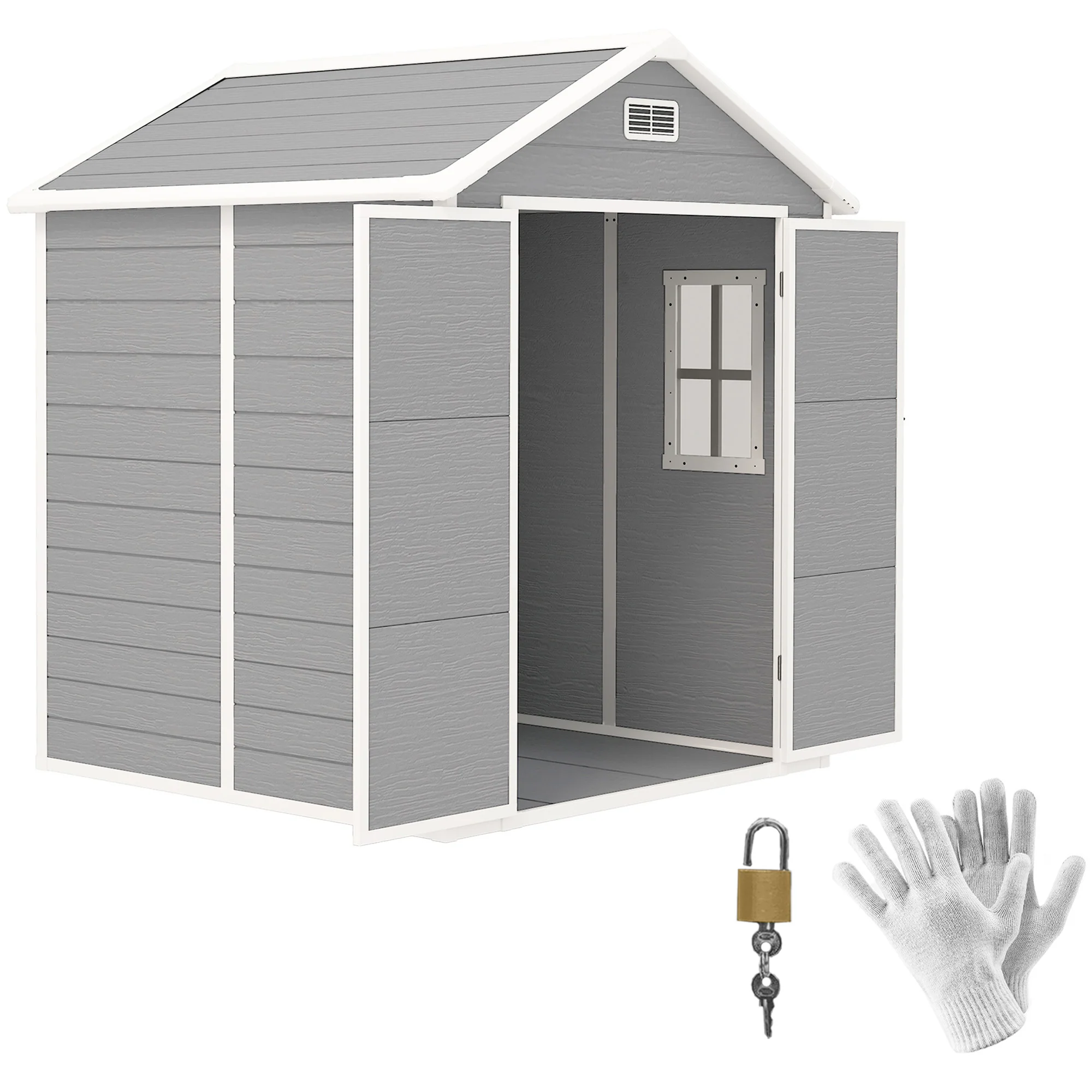 Outsunny Tuinschuur, Gereedschapsschuur met Bodem, Afsluitbare Deuren, Ventilatieopeningen, Venster, Houtlook, Kunststof, Grijs