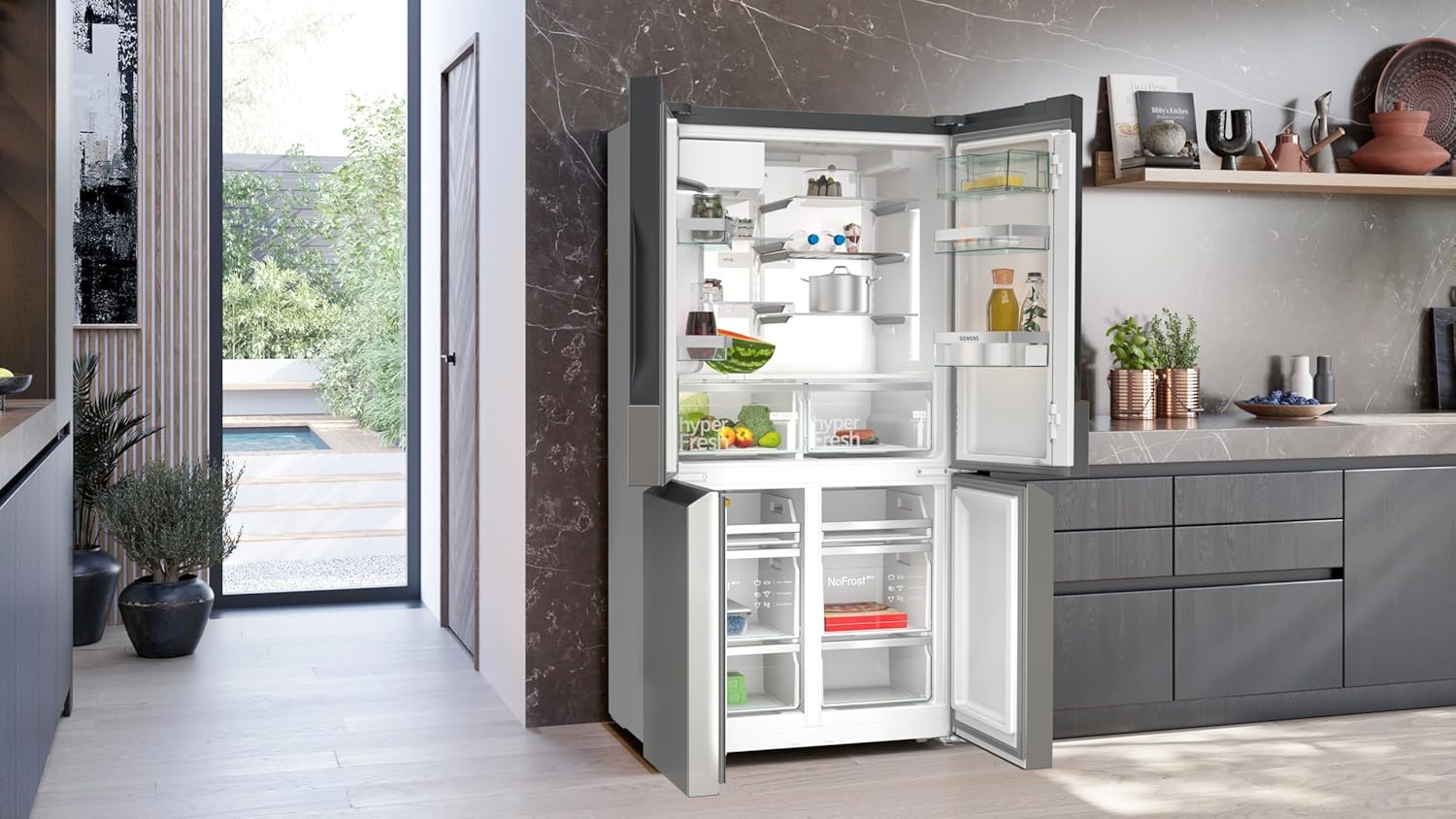 SIEMENS KF96NVPEA iQ300 Multi-Door-Kühlschrank, 183 x 91 cm, 405 L Kühlen & 200 L Gefrieren, hyperFresh längere Frische, noFrost nie wieder abtauen, superCooling schnellere Kühlung