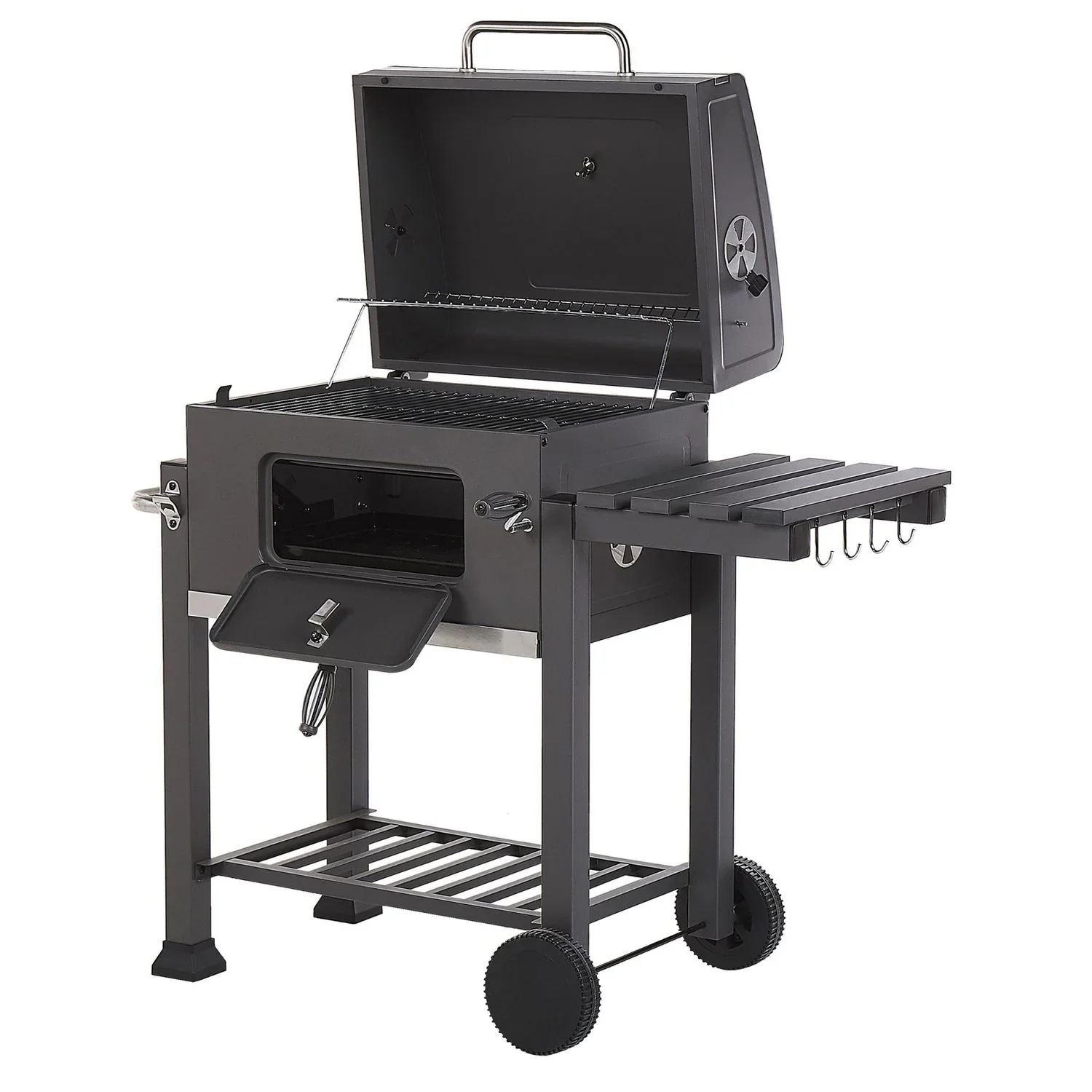 Barbacoa De Carbón Parrilla De Acero Gris Con Tapa Rejilla Ruedas 2 Estantes Termómetro Cenicero Extraíble Jardín Pavlof - Gris