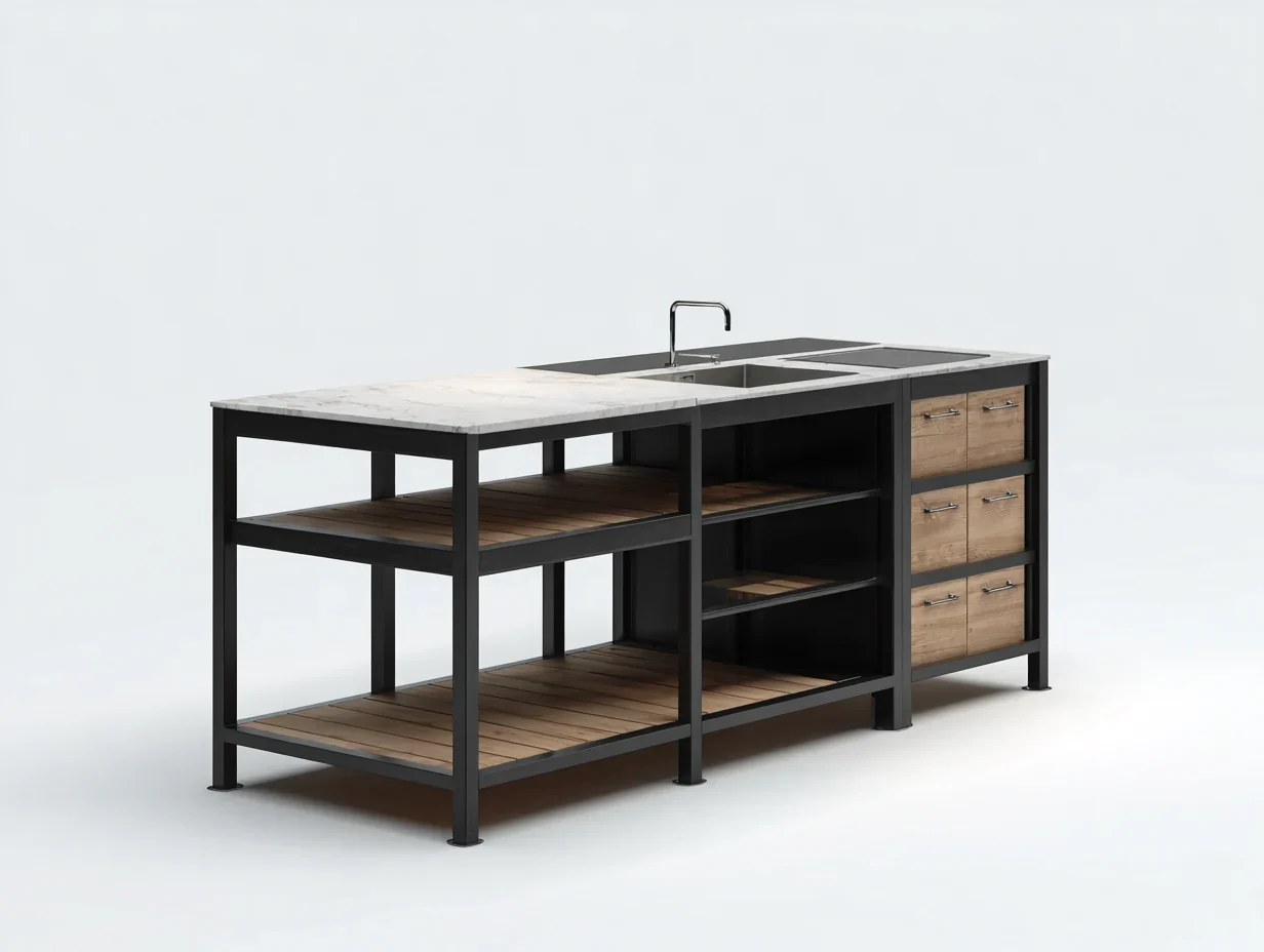 2026 Islas de cocina con fregadero encimera efecto piedra 180x75x92 cm - negro y madera - estilo industrial funcional