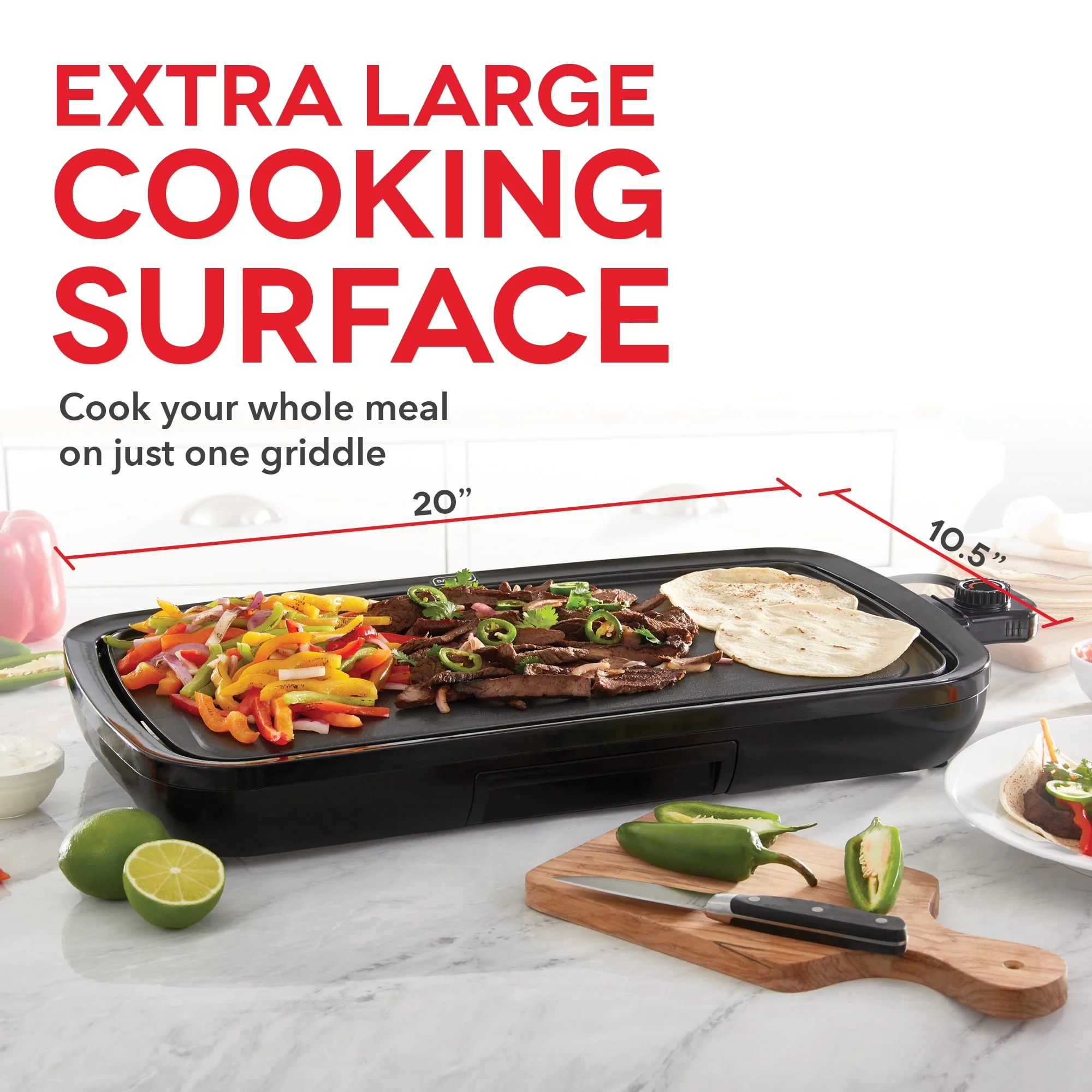 Dash Everyday Nonstick Electric Griddle for Pancakes Burgers, Quesadillas, Eggs & Other on the Go Breakfast, Lunch & Snacks with Drip Tray + Included Recipe Book, 20in, 1500-Watt - Black