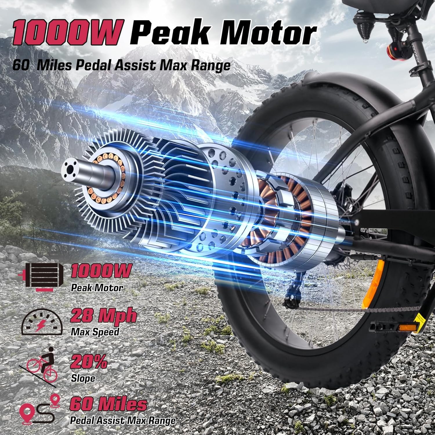Windone K20 Electric Bike for Adults, Up to 60 Mile Range & 28 MPH Speed Ebike, 26'' x 4'' Fat Tire E Bike with 7 Speeds, Peak 1000W Adult Electric Bicycle for Commute Beach Snow