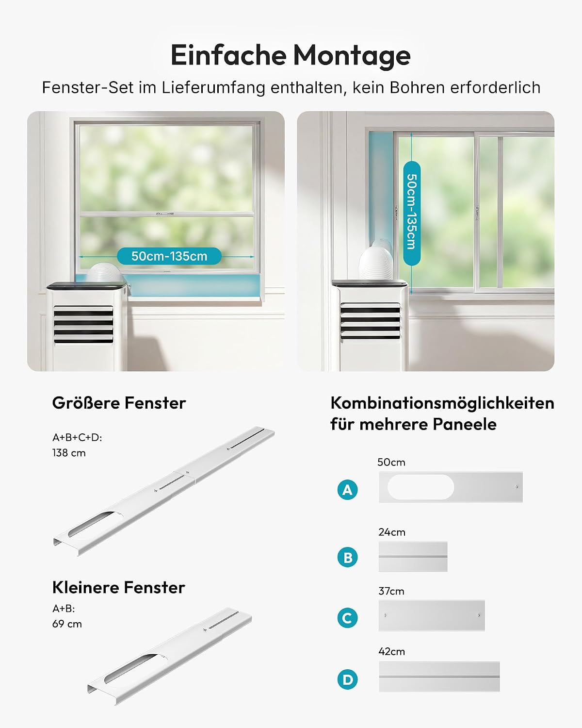 Mobile Klimaanlage 9000 BTU mit Abluftschlauch | 4-in-1 Mobiles Klimagerät | Leiser Betrieb | Digitaldisplay + Fernbedienung | Fenster-Installationsset | 24h-Timer | Für Räume bis 25 m²