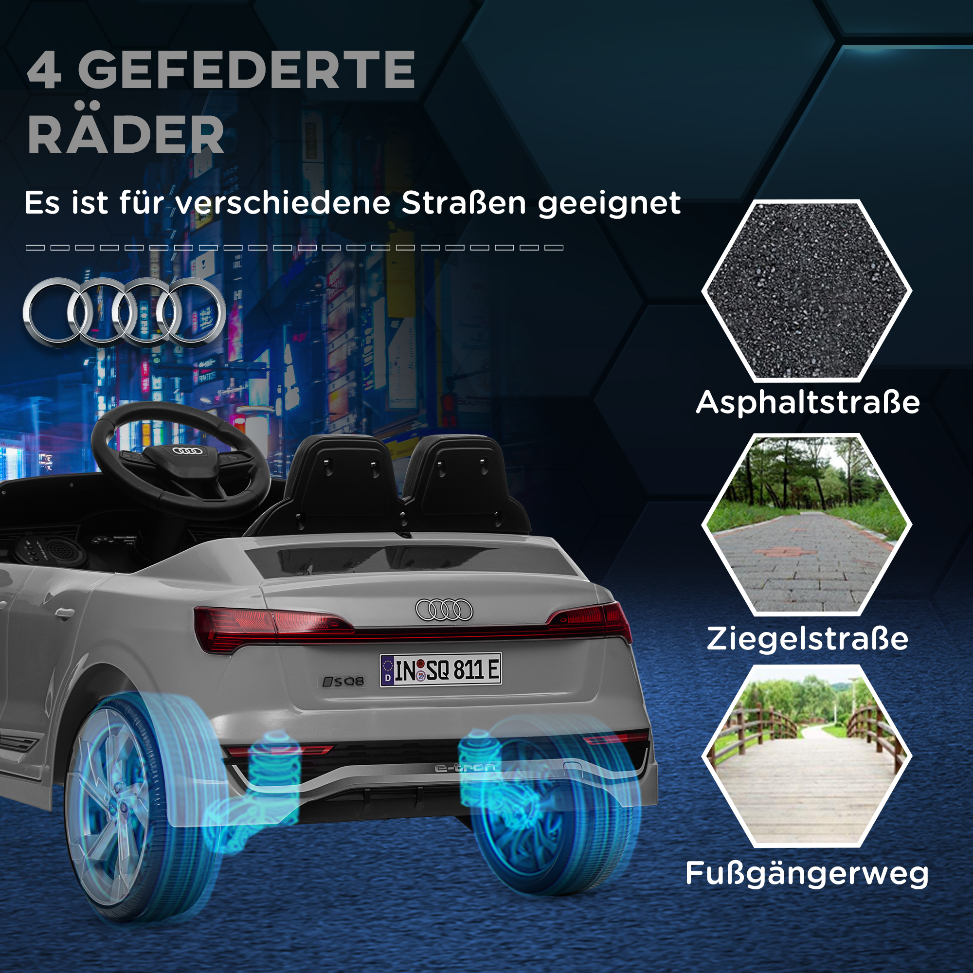 AIYAPLAY Elektrische Kinder Auto, 12V Audi Q8, 3-5 km/u, Afstandsbediening, Koplampen, Muziek, Grijs