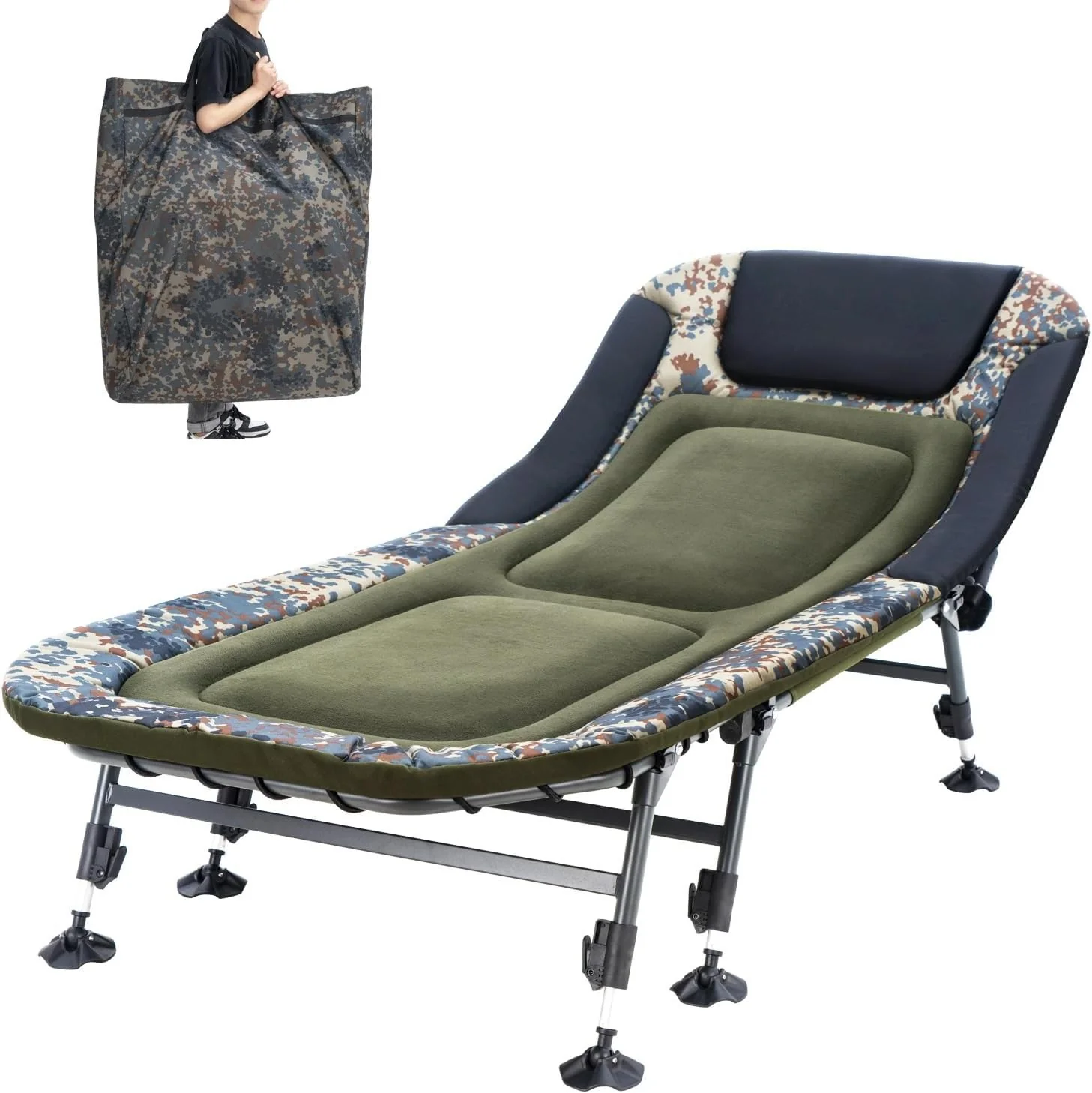 Camping Cots for Adults 330Lbs with Carry Bag, Heavy Duty Folding Bed with Soft Padded Cushion, Portable Military Cot for Hunting, 180�� Adjustable Reclining Outdoor Lounger