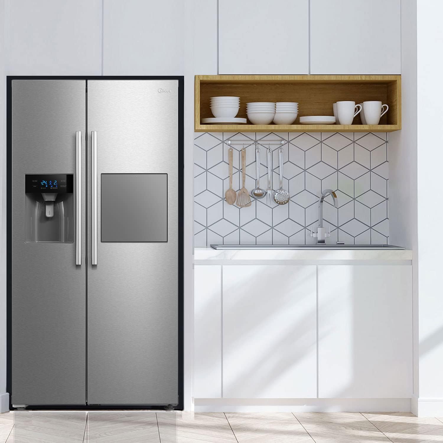 Midea KS-DDX 6.32 WT Side-by-Side Kühl-/Gefrierkombination/ 178,8 cm Hhe/ 254 kWh/Jahr/No Frost/Dual Inverter Compressor/mit 3in1 Wasser-/Eisspender und Wassertank, Dark Inox