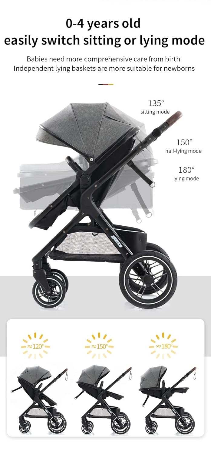 YAZOCO kinderwagen 3 in 1 Buggy Babybett Komplett Set Einem Klick Zusammenklappbarer Kinderwagen, KombiKinderwagen Aluminiumrahmen für Neugeborene (Schwarz)
