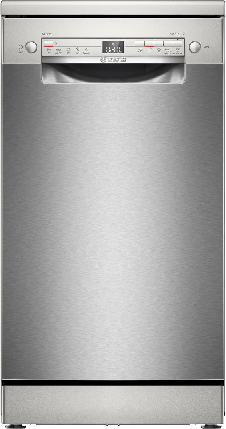Bosch SPV2IKX10E Serie 2 Lavastoviglie smart a scomparsa totale, larghezza 45 cm, Cestello posate, Extra Asciugatura con la pressione di un pulsante, InfoLight punto luce rosso sul pavimento, AquaStop protezione dai danni causati dall'acqua, Bianco