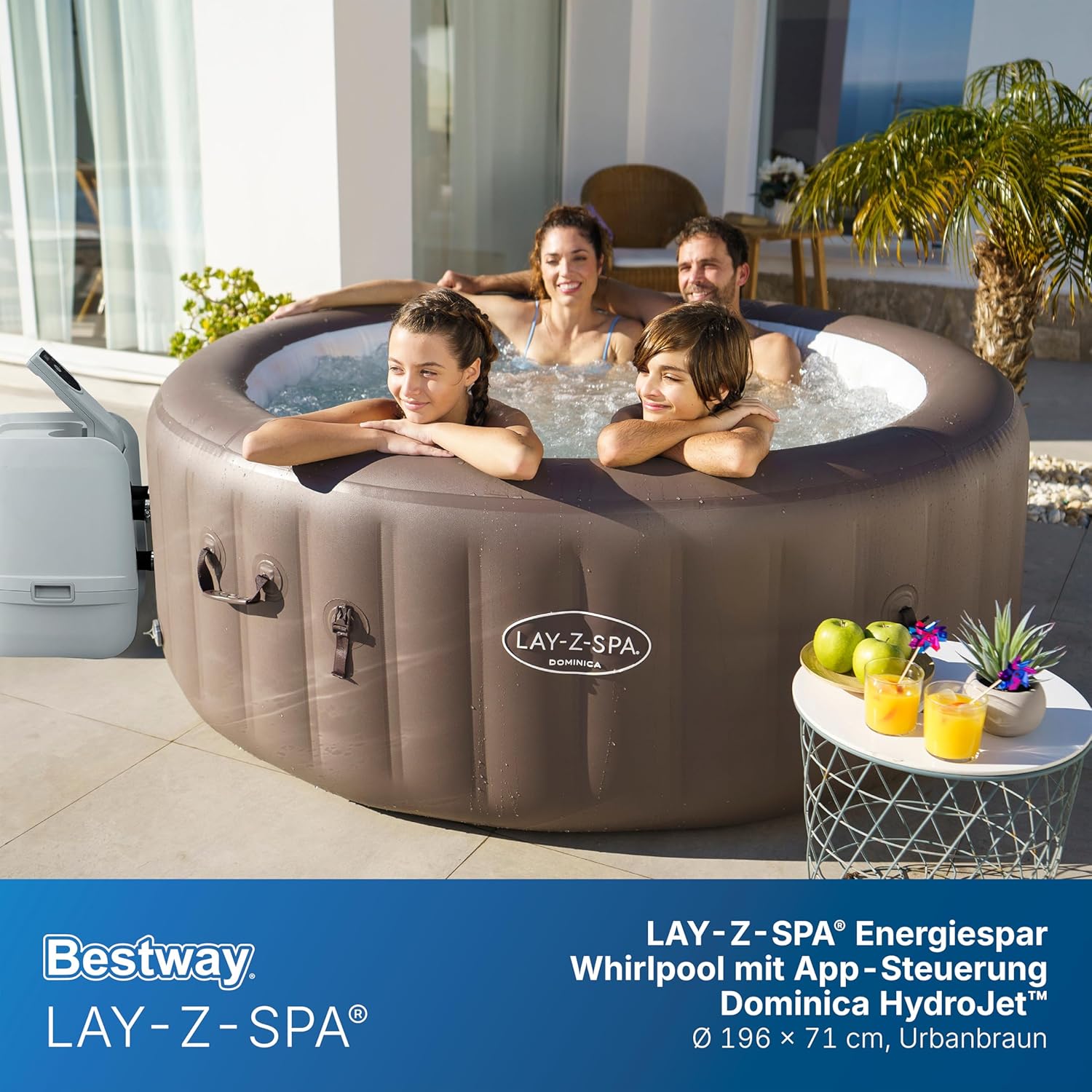 Bestway Lay-Z-SPA Whirlpool Dominica HydroJet, Ø 196 x 71 cm, 6 Personen, Heizung, Frostwächter, 4 HydroJet-Düsen, 140 AirJet-Düsen, App-Steuerung, Thermo-Abdeckung, Energieeffizient, Urbanbraun