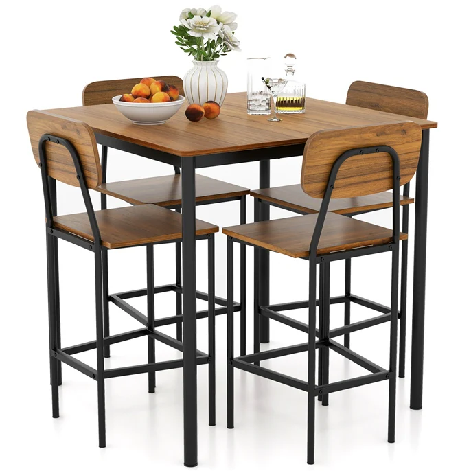 Giantex 5-Piece Dining Bar Table Set, 4 Person Kitchen Breakfast Table Set with Steel Frame , Walnut