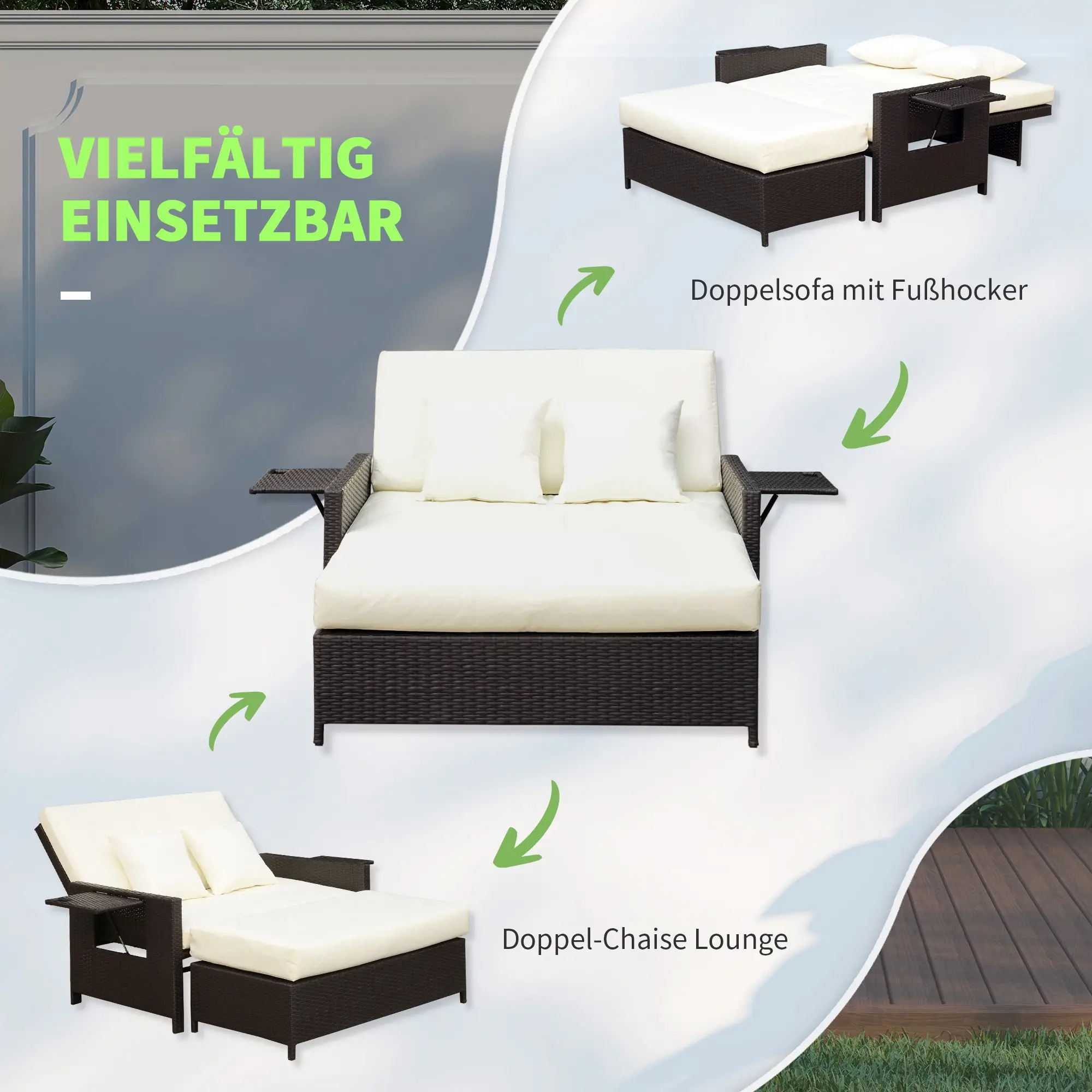Outsunny Polyrattan Gartensofa 2in1 mit Hocker Stauraum Outdoor