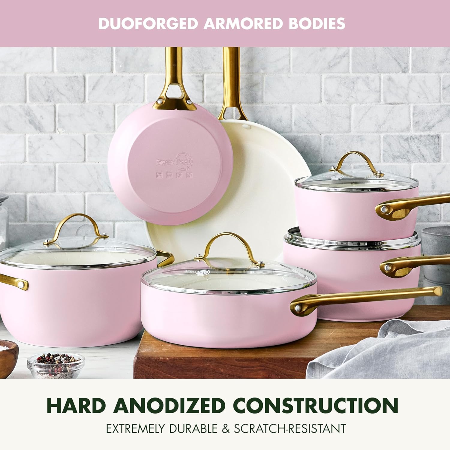 Reserve Hard Anodized Healthy Ceramic Nonstick 10 Piece Cookware Pots and Pans Set, Gold Handle, PFAS-Free, Dishwasher Safe, Oven Safe, Black