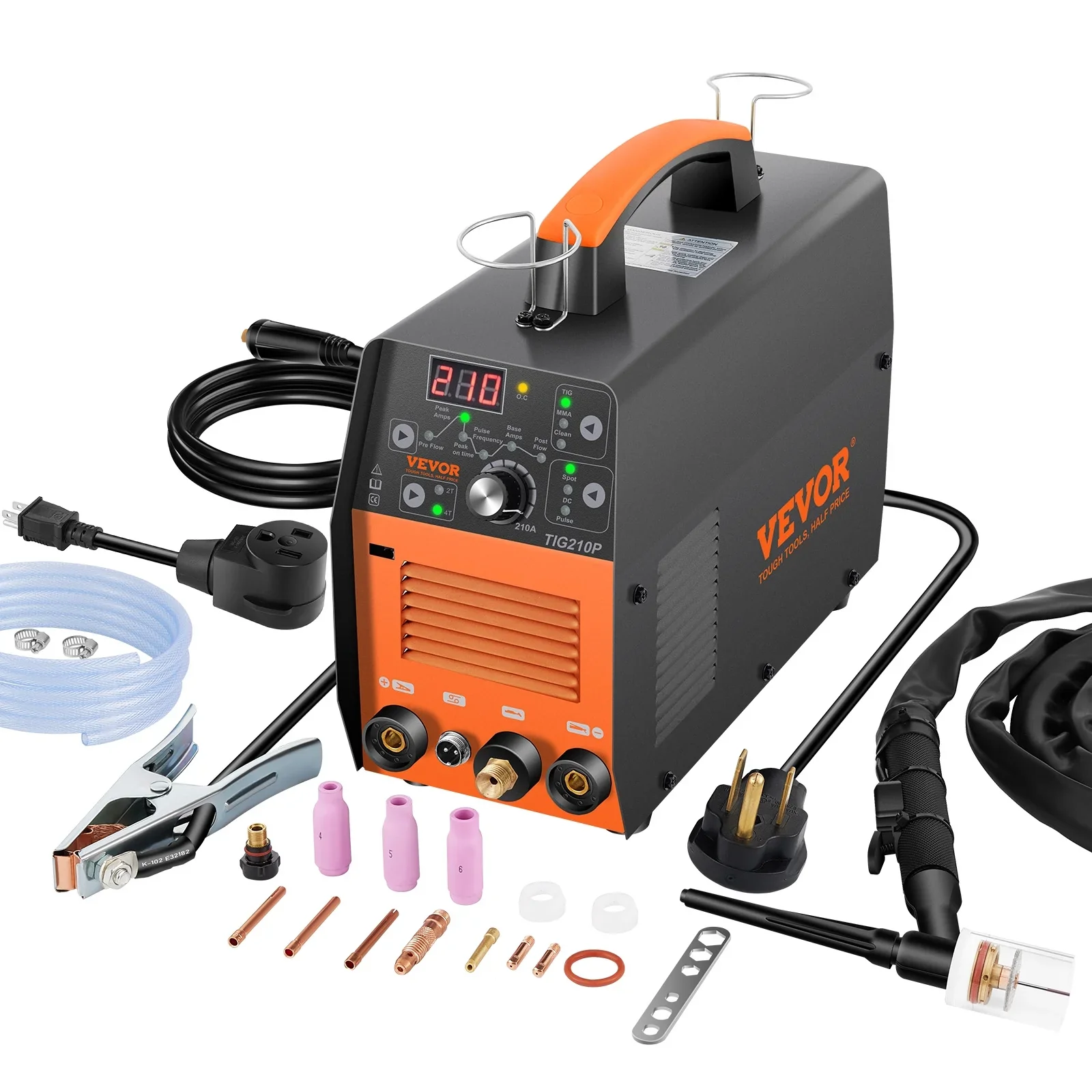 2025 Soldadora TIG VEVOR 210A 110/220V bi-tensión 3-en-1 con pulso, inversor IGBT y antorcha – soldadura TIG/MIG/MMA y limpieza para acero inoxidable, hierro, cobre y níquel