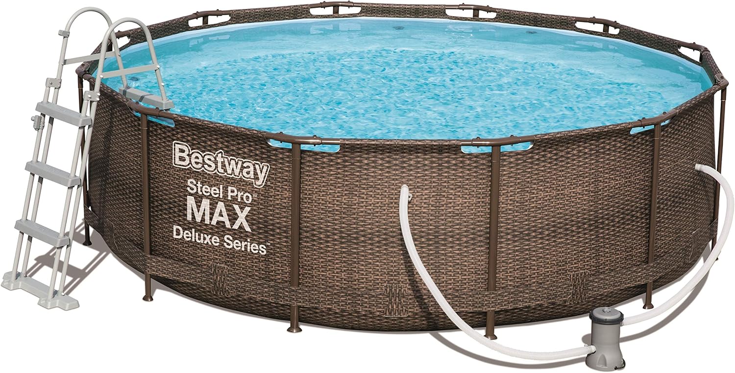 Bestway Power Steel Deluxe 366 x 100 cm, Piscina Redonda con Marco de Acero Estable en Juego Completo, ratán, Color Marrón