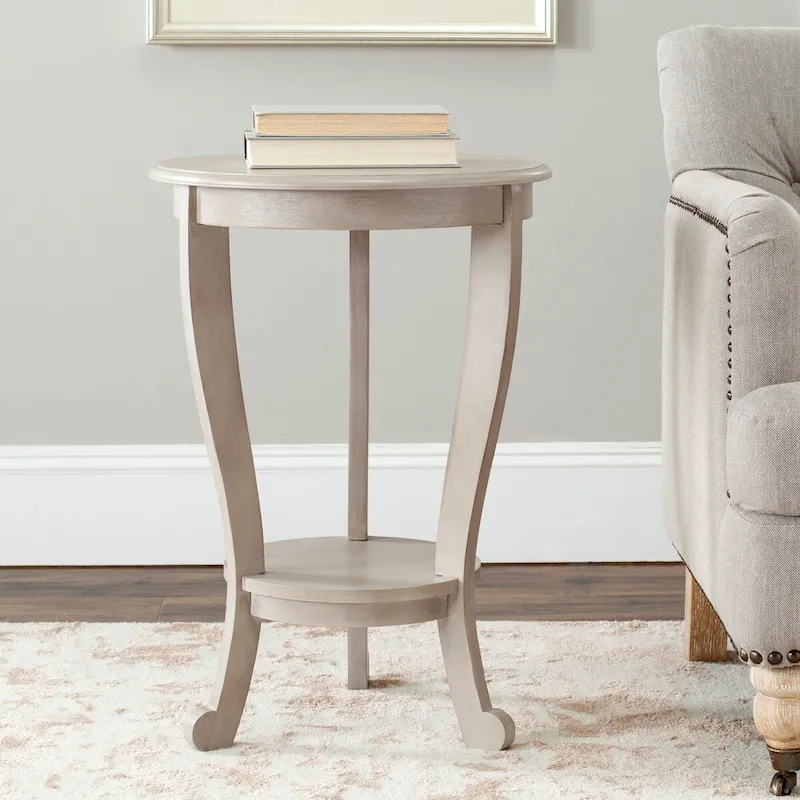 Round Pedestal Side Table with Curved Legs and Lower Shelf