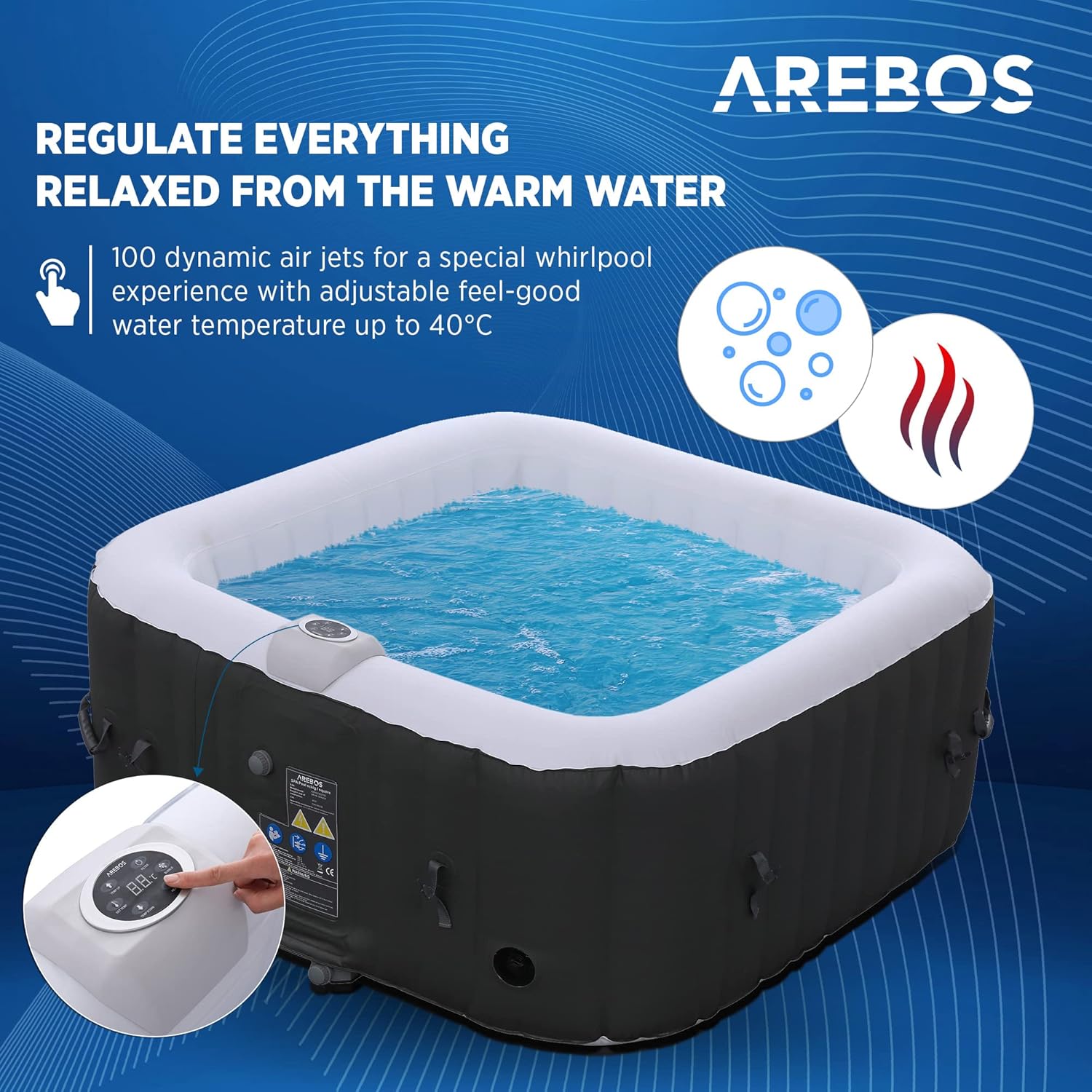 Arebos SPA Hinchable Piscina de hidromasaje | Hinchable | Cuadrada | para Interior y Exterior | 154x154cm | 4 Personas | 130 chorros de Masaje | 600 L