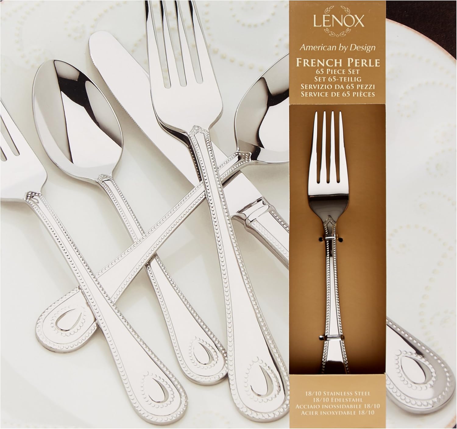 Lenox Silverware Set For 12, French Perle 65-Piece Flatware Set with Serving Utensils, Service For 12, Elegant 18/10 Stainless Steel Utensils with Beading, Knives Spoons & Forks (Silver, 65 Piece)