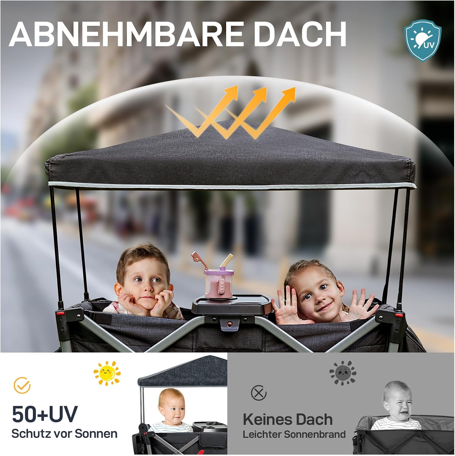 EVER ADVANCED Bollerwagen für 2 Kinder Faltbar mit Dach, Kinderwagen 2x5 Punkt Sicherheitsgurt mit Wickelrucksack, Bollerwagen mit Sitz, Handwagen Transportwagen, Ziehen & Schieben, Fußbremse