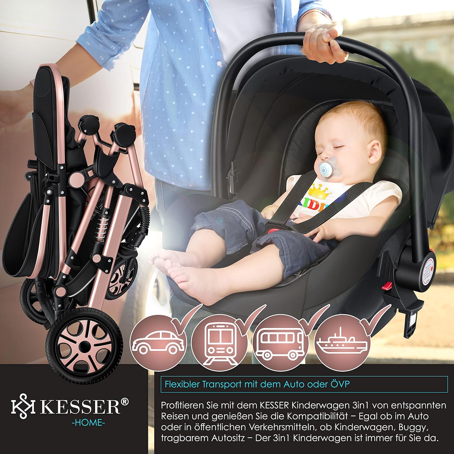 KESSER® Loops 3 in 1 Kinderwagen Kombikinderwagen Komplett-Set inkl. Babywanne & Buggy Sportsitz & Auto-Babyschale Voll-Gummireifen Wickeltasche Regenschutz Kindertisch ECE R129, Grau/Silber