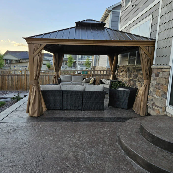 Wood Grain Hardtop Gazebo with Rain Gutter