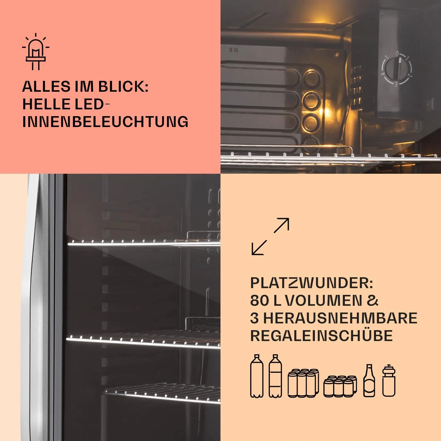 Klarstein Mini Koelkast met Glazen Deur voor Kamer, Drankenkoelkast met Verstelbare Planken, Klein 80 Liter, Indoor/Outdoor Koelkast Stil