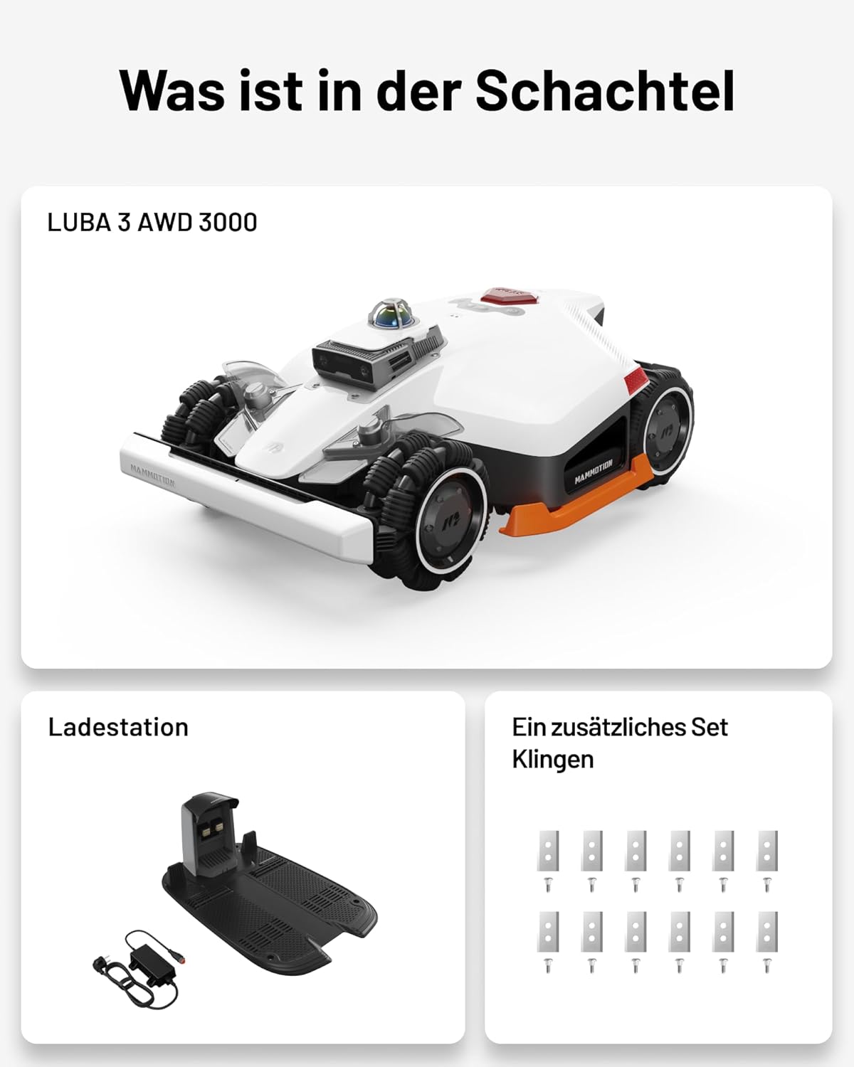 MAMMOTION LUBA 3 AWD 3000 Mähroboter ohne Begrenzungskabel für 3000m2, 360° LiDAR+NetRTK+KI Vision Tri-Fusion-Positionierung, AWD für 80% Steigungen, Keine RTK-Basisstation, bis zu 30 Zonen, 12Ah Akku