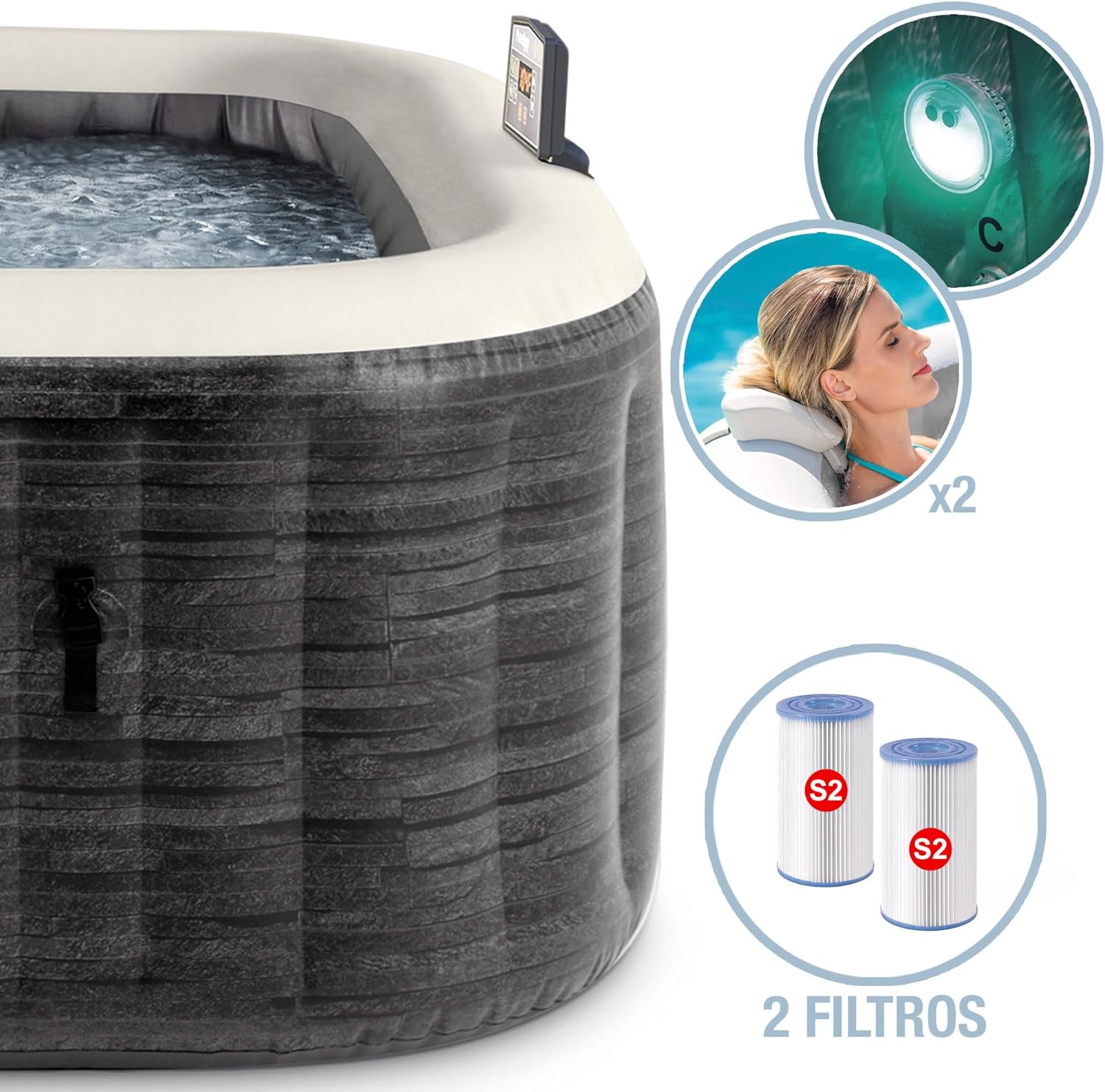 INTEX PureSpa Greywood Deluxe In- & Outdoor Whirlpool aufblasbar für 4 Personen 795 L (145 x 71cm) Inkl. Wasserenthärtungs- & Salzwassersystem - 140 Massagedüsen - Heizsystem - APP Steuerung & LED