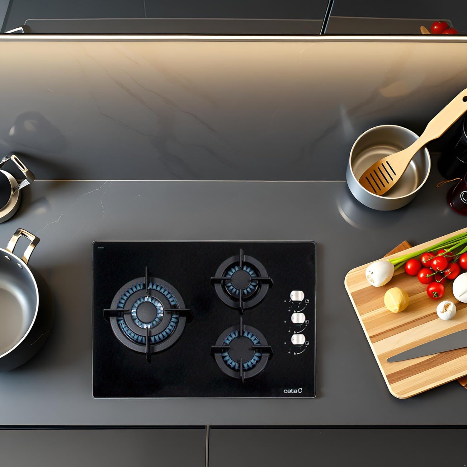 Cata Placa Cristal Gas, Modelo CIB 6021 BK, 3 Fuegos, Ancho 59 cm, Encimera de Gas Butano, Acabado en Cristal Negro