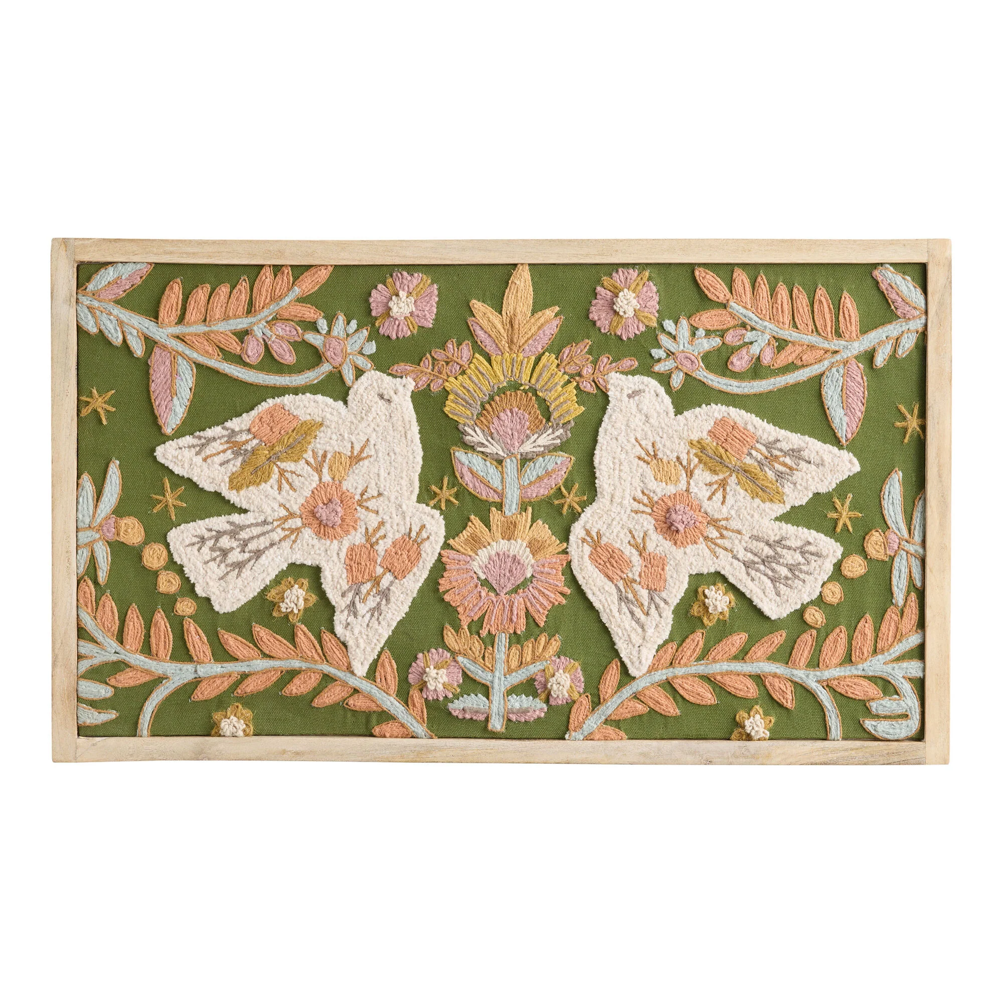 Doves and Botanicals Embroidered Textile Framed Wall Art