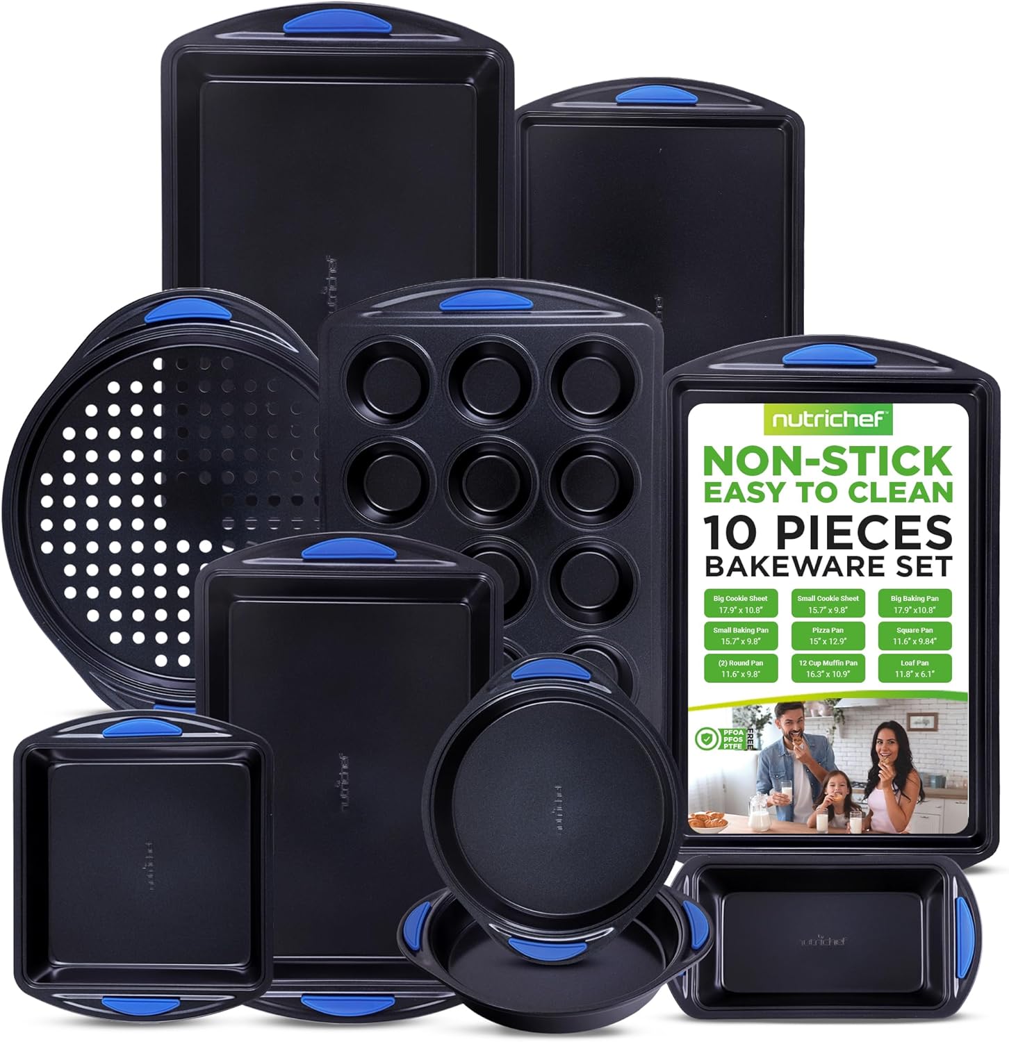 10-Piece Nonstick Bakeware Set Heavy Duty Carbon Steel Baking Trays w/Silicone Handles Includes Cookie Sheets, 12-Cup Muffin Pan, Pizza Loaf Pan, Round Square Pans Easy to Clean