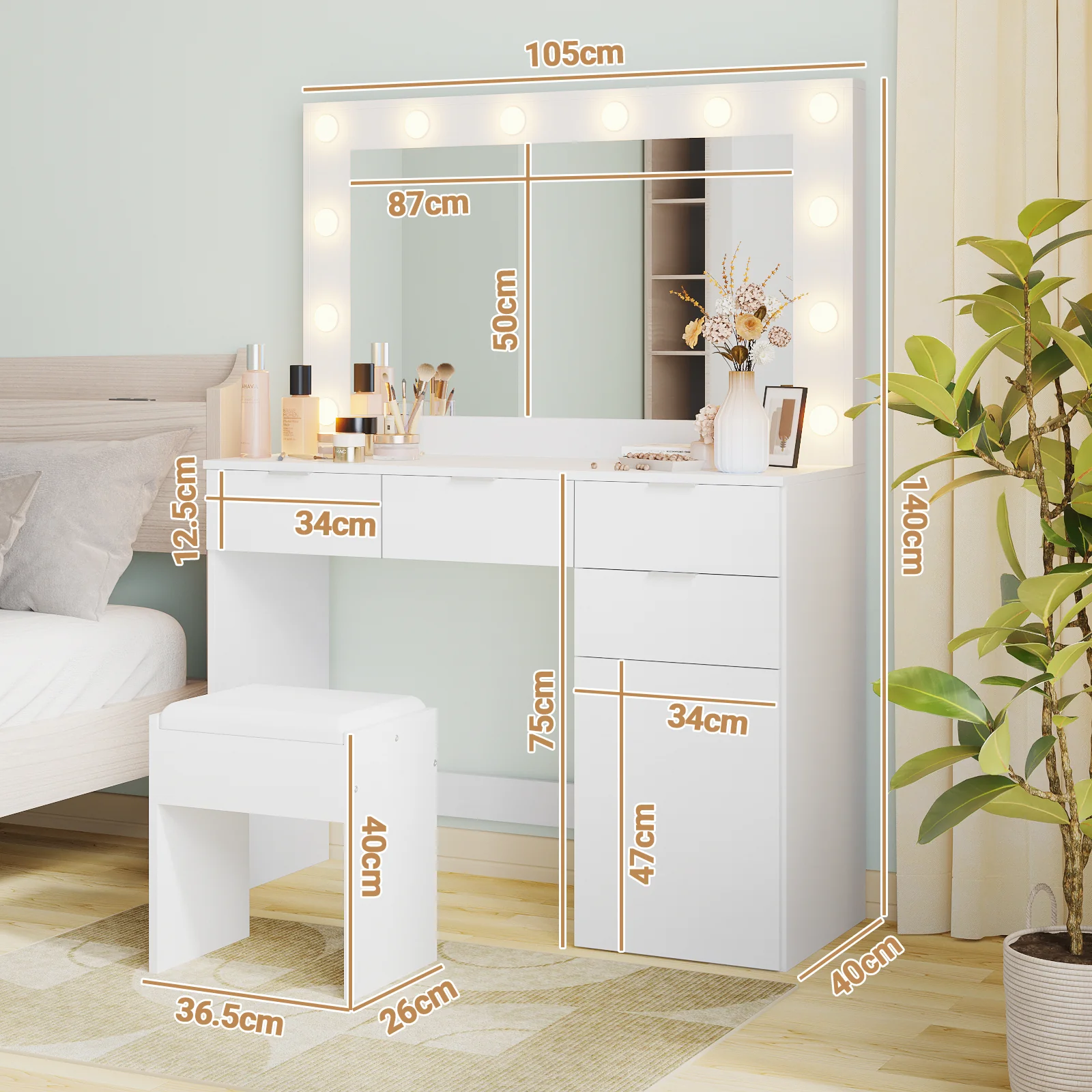 Dressing Table Stool Set 12 LED Bulbs