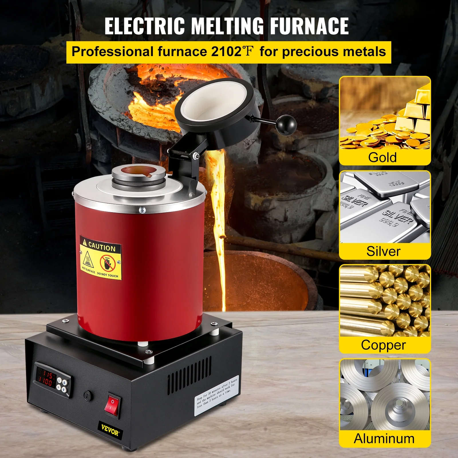Forno di fusione elettrico VEVOR, forno di fusione elettrico digitale da 3 kg, forno per fusione dell'oro da 1750 W, 1150 °C/2102 °F con crogiolo in grafite e matrice per lingotti per la lavorazione di fusione di oro, argento, rame e alluminio.
